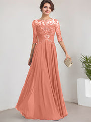 A-line Scoop Illusion Floor-Length Lace Chiffon Mother of the Bride Dress With Pleated Sequins