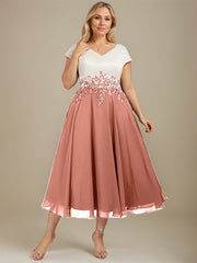 A-line V-Neck Tea-Length Satin Chiffon Mother of the Bride Dress With Appliques Lace
