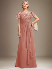 A-line Asymmetrical Illusion Floor-Length Lace Chiffon Mother of the Bride Dress With Cascading Ruffles Sequins