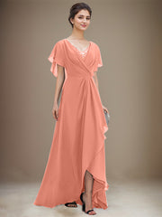 A-line V-Neck Asymmetrical Chiffon Mother of the Bride Dress With Sequins Beading Cascading Ruffles