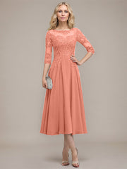 A-line Scoop Illusion Tea-Length Chiffon Lace Mother of the Bride Dress With Sequins Beading