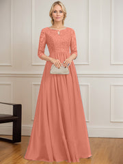 A-line Scoop Floor-Length Lace Chiffon Mother of the Bride Dress With Crystal Brooch Sequins