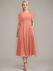A-line Scoop Tea-Length Chiffon Mother of the Bride Dress With Appliques Lace Sequins