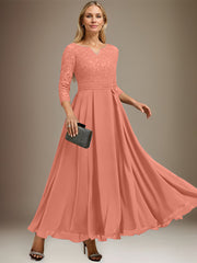 A-line V-Neck Ankle-Length Chiffon Lace Mother of the Bride Dress With Rhinestone
