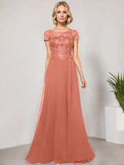 A-line Scoop Illusion Floor-Length Lace Chiffon Evening Dress With Sequins