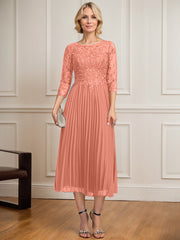 A-line Scoop Illusion Tea-Length Lace Chiffon Mother of the Bride Dress With Sequins Pleated