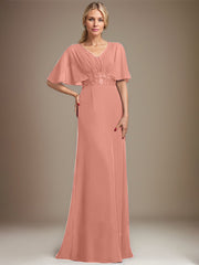 A-line V-Neck Floor-Length Chiffon Mother of the Bride Dress With Sequins Appliques Lace Pleated