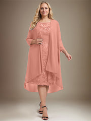 Sheath/Column Scoop Illusion Knee-Length Lace Chiffon Mother of the Bride Dress With Cascading Ruffles Sequins