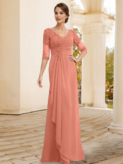 Sheath/Column V-Neck Chiffon Mother Of The Bride Dresses With Appliques Lace