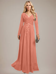 A-line V-Neck Floor-Length Stretch Crepe Evening Dress With Pleated Sequins Appliques Lace