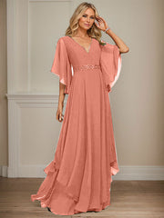 A-line V-Neck Floor-Length Chiffon Mother of the Bride Dress With Sequins Appliques Lace Beading