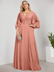 A-line V-Neck Floor-Length Chiffon Lace Mother of the Bride Dress With Sequins Beading