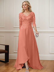 A-Line V-Neck 3/4 Sleeves Chiffon Mother Of The Bride Dresses With Lace