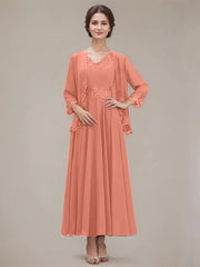 A-line V-Neck Ankle-Length Chiffon Mother of the Bride Dress With Sequins Appliques Lace Beading
