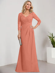 Sheath/Column V-Neck Illusion Floor-Length Lace Chiffon Mother of the Bride Dress With Pleated Sequins