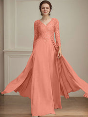 A-line V-Neck Floor-Length Lace Chiffon Mother of the Bride Dress With Sequins