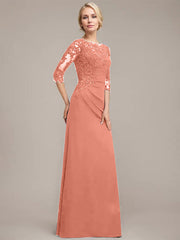 A-line Scoop Floor-Length Chiffon Lace Mother of the Bride Dress With Sequins Beading Pleated