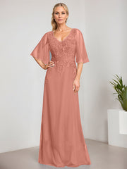 A-line V-Neck Floor-Length Lace Chiffon Mother of the Bride Dress With Sequins Beading