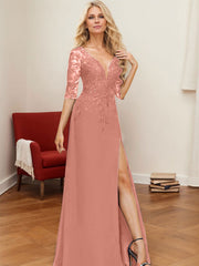 A-Line V-Neck 1/2 Sleeves Floor-Length Chiffon Mother Of The Bride Dresses With Lace