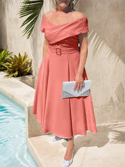 A-Line Off-The-Shoulder Tea-Length Chiffon Mother Of The Bride Dresses With Beading