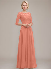 A-line Boat Neck Illusion Floor-Length Chiffon Lace Mother of the Bride Dress With Sequins Beading