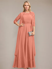 A-line Scoop Illusion Floor-Length Lace Chiffon Mother of the Bride Dress With Pleated