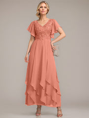 A-line V-Neck Ankle-Length Lace Chiffon Mother of the Bride Dress With Cascading Ruffles
