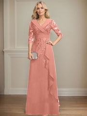 A-line Collared V-Neck Floor-Length Lace Chiffon Mother of the Bride Dress With Sequins Cascading Ruffles