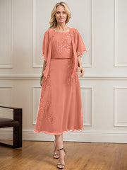 A-line Scoop Tea-Length Lace Chiffon Mother of the Bride Dress With Sequins
