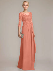 A-line Scoop Illusion Floor-Length Chiffon Lace Mother of the Bride Dress With Beading Sequins Cascading Ruffles