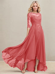 A-line Scoop Illusion Asymmetrical Lace Chiffon Mother of the Bride Dress With Pleated Sequins