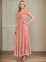 A-line V-Neck Ankle-Length Chiffon Mother of the Bride Dress With Bow Sequins Appliques Lace