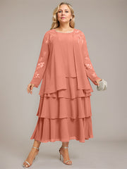 A-line Scoop Tea-Length Chiffon Mother of the Bride Dress With Cascading Ruffles