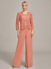 Silver Chiffon Pant and Lace Top Mother of The Bride Wide Pant Suits