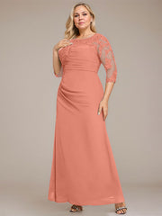 A-line Scoop Floor-Length Chiffon Lace Mother of the Bride Dress With Sequins Beading Pleated