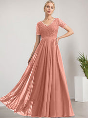 A-line V-Neck Floor-Length Lace Chiffon Mother of the Bride Dress