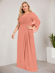 A-line Scoop Illusion Floor-Length Lace Chiffon Mother of the Bride Dress With Sequins Pleated