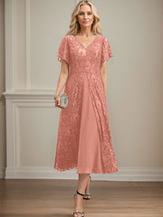 A-line V-Neck Tea-Length Lace Chiffon Mother of the Bride Dress