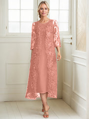 A-line Scoop Tea-Length Lace Chiffon Mother of the Bride Dress