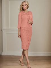 Sheath/Column Scoop Knee-Length Chiffon Lace Mother of the Bride Dress With Beading