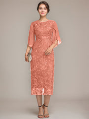 Sheath/Column Scoop Tea-Length Lace Chiffon Mother of the Bride Dress