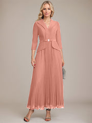 A-line Collared V-Neck Ankle-Length Chiffon Mother of the Bride Dress With Beading Pleated