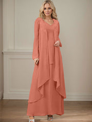 Elegant V-Neck Long Sleeves Floor-Length Mother Of The Bride Dresses WithWrap