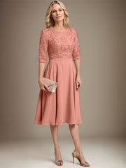 A-line Scoop Knee-Length Lace Chiffon Mother of the Bride Dress