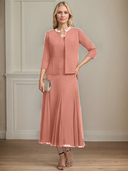 Separates A-line Scoop Tea-Length Chiffon Mother of the Bride Dress With Sequins Beading
