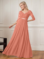 A-Line Floor-Length V-Neck Lace Chiffon Mother of the Bride Dress