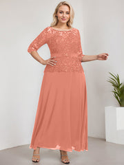 A-line Scoop Illusion Ankle-Length Chiffon Lace Mother of the Bride Dress With Rhinestone Beading