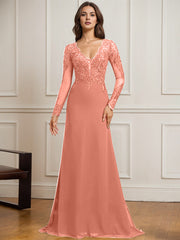 Sheath/Column V-Neck Detachable Sweep Train Lace Tulle Chiffon Mother of the Bride Dress With Sequins