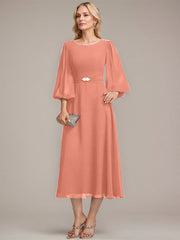 A-line Scoop Tea-Length Chiffon Mother of the Bride Dress With Crystal Brooch Pleated