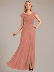 A-line Scoop Floor-Length Mesh Mother of the Bride Dress With Pleated Beading